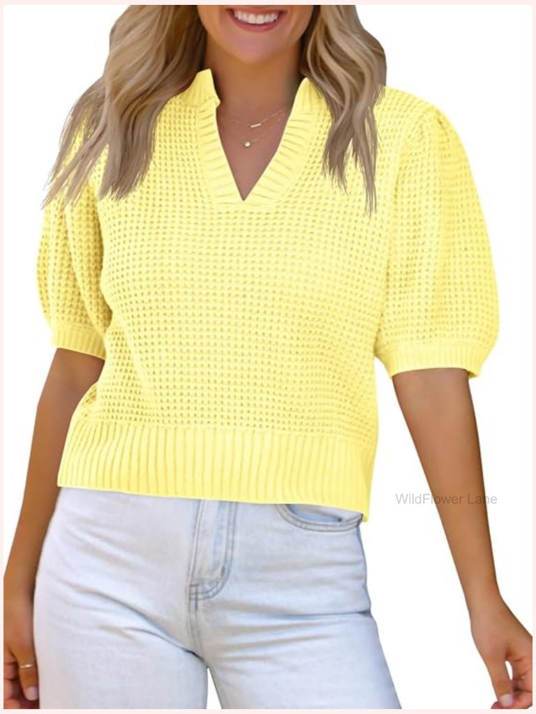 Puff Short Sleeve Waffle Knit V Neck Cropped Sweater Top